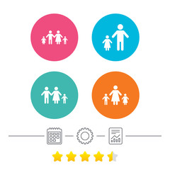 Family with two children icon. Parents and kids symbols. One-parent family signs. Mother and father divorce. Calendar, cogwheel and report linear icons. Star vote ranking. Vector