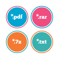 Document icons. File extensions symbols. PDF, RAR, 7z and TXT signs. Colored circle buttons. Vector