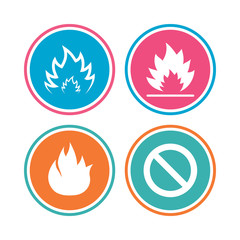 Fire flame icons. Prohibition stop sign symbol. Colored circle buttons. Vector