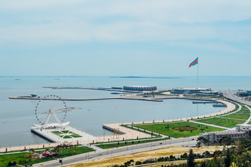 Baku cityscape with famous flagpole on the National Flag Square in Baku, Azerbaijan