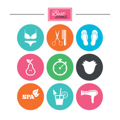 Hairdresser, spa icons. Diet cocktail sign. Lingerie, scissors and hairdryer symbols. Colorful flat buttons with icons. Vector