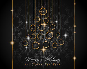 Merry Christmas Tree Flyer with Golden elegant baubles and glowing light stars