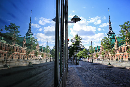 Slotsholmen, view with the window reflection on a famous Old Sto