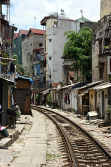 Residential area nearby railway tracks in Hanoi, Vietnam