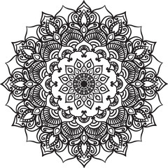 Drawing of a abstract vector with floral round lace mandala, decorative element in ethnic tribal style, black line art on a white background