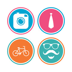 Hipster photo camera. Mustache with beard icon. Glasses and tie symbols. Bicycle sign. Colored circle buttons. Vector