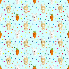 seamless pattern with smiling brown bannies  and orange carrots on a turquoise background 
