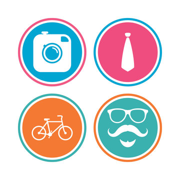 Hipster photo camera. Mustache with beard icon. Glasses and tie symbols. Bicycle sign. Colored circle buttons. Vector