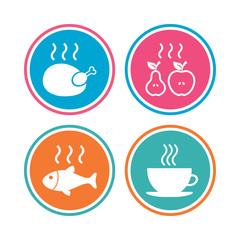 Hot food icons. Grill chicken and fish symbols. Hot coffee cup sign. Cook or fry apple and pear fruits. Colored circle buttons. Vector