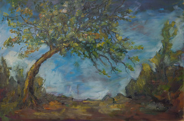 Mine pear tree / Dark and natural mixture of colors painting, oil on canvas, 60x80cm, Teresa Murányi colorist, modern, expressionist and abstract painter works