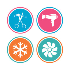 Hotel services icons. Air conditioning, Hairdryer and Ventilation in room signs. Climate control. Hairdresser or barbershop symbol. Colored circle buttons. Vector