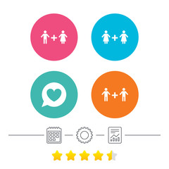 Couple love icon. Lesbian and Gay lovers signs. Romantic homosexual relationships. Speech bubble with heart symbol. Calendar, cogwheel and report linear icons. Star vote ranking. Vector