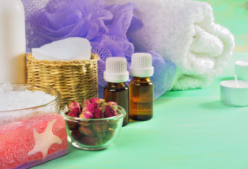 Accessories for bath on the white wooden background