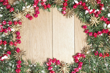 Fototapeta na wymiar Christmas wreath frame with beautiful ornaments and garland