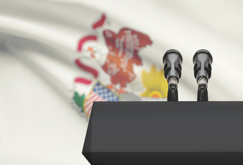 Pulpit and two microphones with USA state flag on background - Illinois