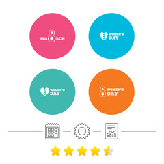 8 March Women's Day icons. Tulips or rose flowers bouquet and heart sign symbols. Calendar, cogwheel and report linear icons. Star vote ranking. Vector