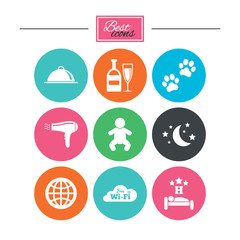 Hotel, apartment service icons. Restaurant sign. Alcohol drinks, wi-fi internet and sleep symbols. Colorful flat buttons with icons. Vector