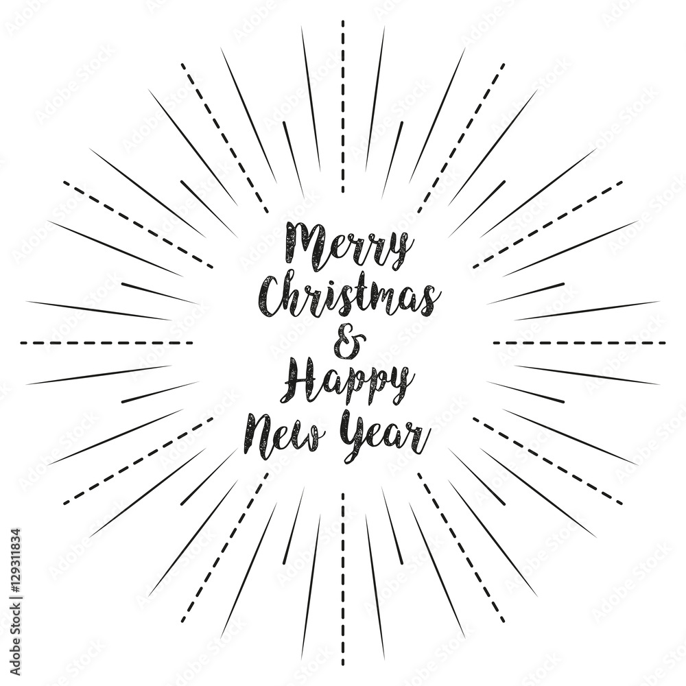 Poster merry christmas and happy new year with sun rays linear background