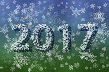 White snowflakes on an abstract blue and green background