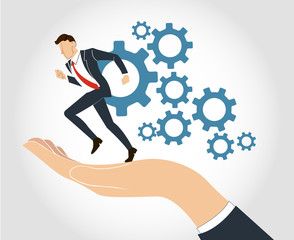 hand holding Businessman running with gear vector