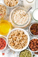 fresh ingredients for healthy breakfast, vertical top view