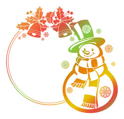 Gradient frame with funny snowman, holly berries and Christmas bells silhouettes