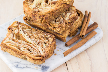 Fresh baked cut cinnamon babka.