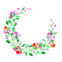 Floral wreath.Garland with poppy flower,berry and herb .Watercolor hand drawn illustration.White background.It can be used for greeting cards, posters, wedding cards.