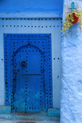 Facade of housing with pot and blue door