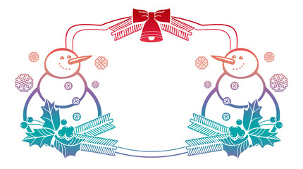 Gradient frame with funny snowman, holly berries and pine silhouettes. 