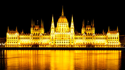 Night panoramic view of illuminated historical building of Hungarian Parliament, aka Orszaghaz, reflected in the water with typical symmetrical architecture and central dome on Danube River embankment