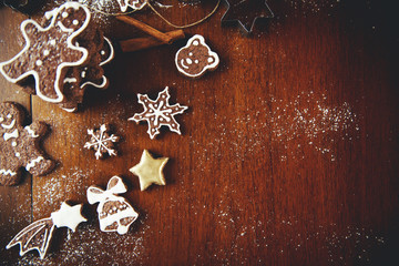 Christmas cookies on a dark table, top view