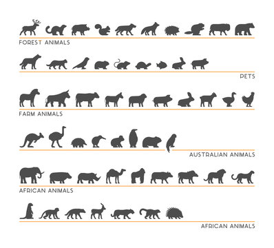 Vector set of silhouettes forest and farm animals.