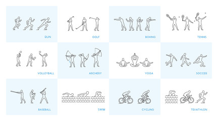 Vector linear set of sports icons on white background