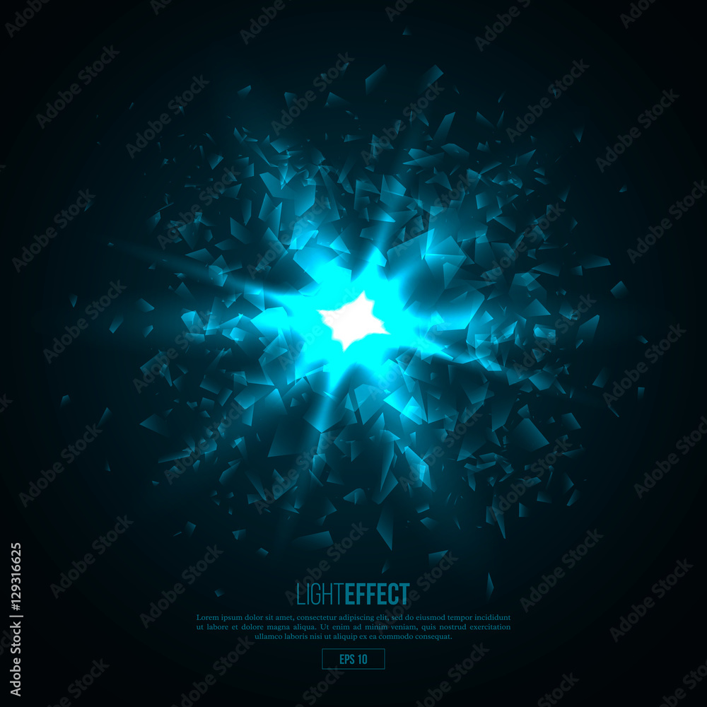 Poster 3d illuminated abstract explosion, glowing particles.