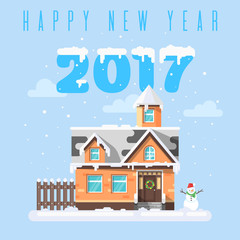 Vector flat style illustration of winter holiday house with snowman.