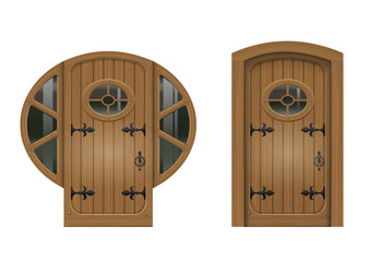 Naklejka premium Ancient arched doorway from the old board to the oval window. Vector graphics