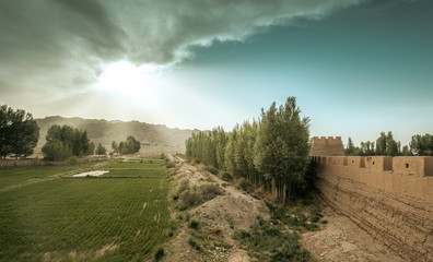 The Ming Dynasty Great Wall under sunset in Jiayuguan Gansu Chin