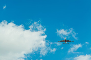 Fototapeta na wymiar Airplane flying in a blue sky