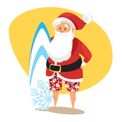 Vector cartoon style illustration of Santa surfer.