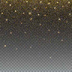 Brilliant, golden and sparkling dust particles on transparent background. The falling, glittering golden rain or snowfall, ready background template for greeting card, Christmas invitation or cover