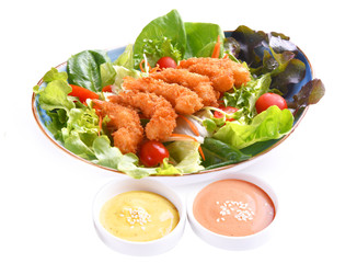 Shrimp salad with dressing isolated on white background