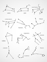 Set of zodiac constellations. Horoscope set: Aries, Leo, Sagitarius, Capricorn, Taurus, Virgo, Libra, Aquarius, Gemini, Cancer, Scorpio, Pisces. Vector Illustration. Eps10