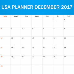 USA Planner blank for December 2017. Scheduler, agenda or diary template. Week starts on Sunday