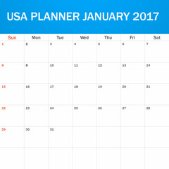 USA Planner blank for January 2017. Scheduler, agenda or diary template. Week starts on Sunday