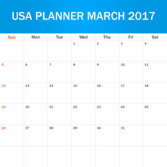 USA Planner blank for March 2017. Scheduler, agenda or diary template. Week starts on Sunday