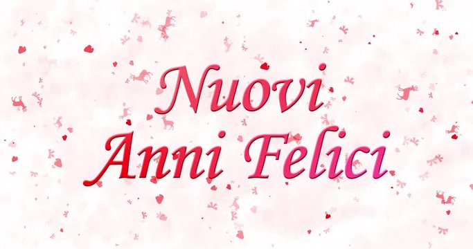 Happy New Year text in Italian "Nuovi anni felici" turns to dust from bottom on white animated background
