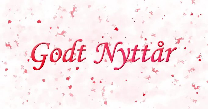 Happy New Year text in Norwegian "Godt nyttar" turns to dust from bottom on white animated background
