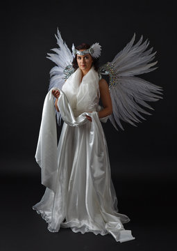 Young beautiful woman in angel costume with wings, natural feath