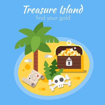 Vector flat style illustration of treasure Island and map.